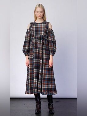 Damson Madder Wren Textured Maxi Dress Cutout Shoulders Plaid UK 8 US 4